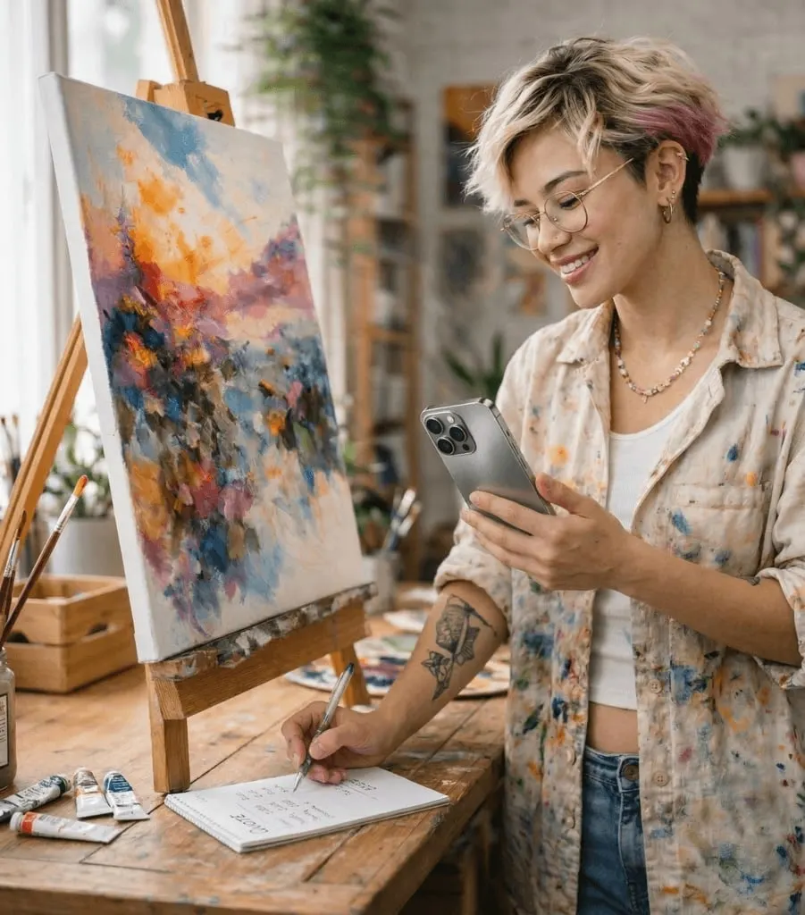 An artist in her studio photographing her painting with her phone