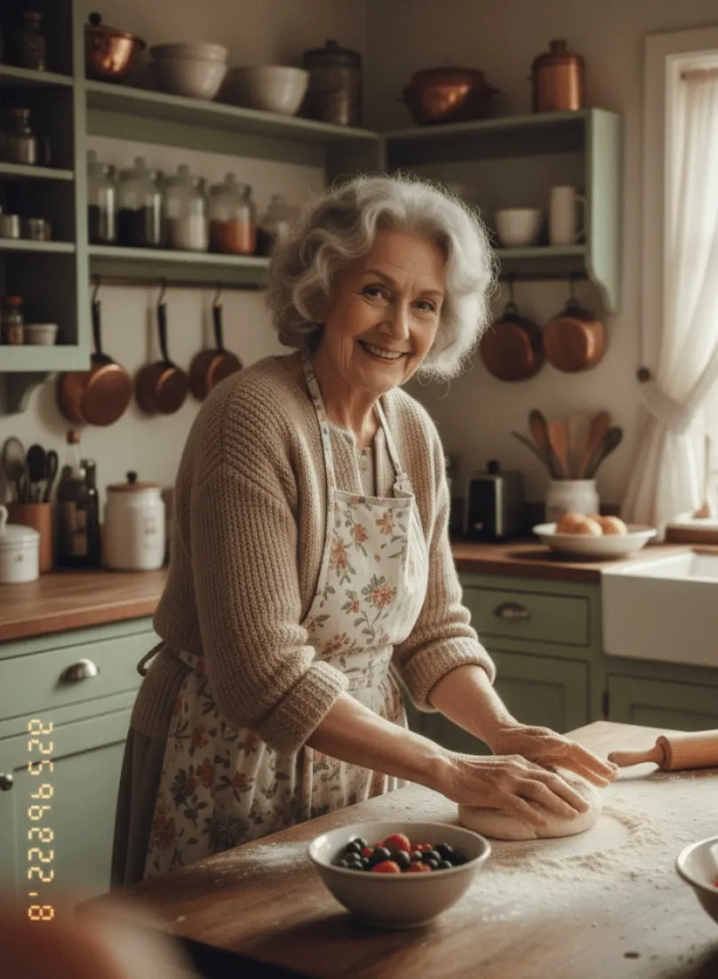 A grandmother in a floral apron kneading dough and smiling at the camera