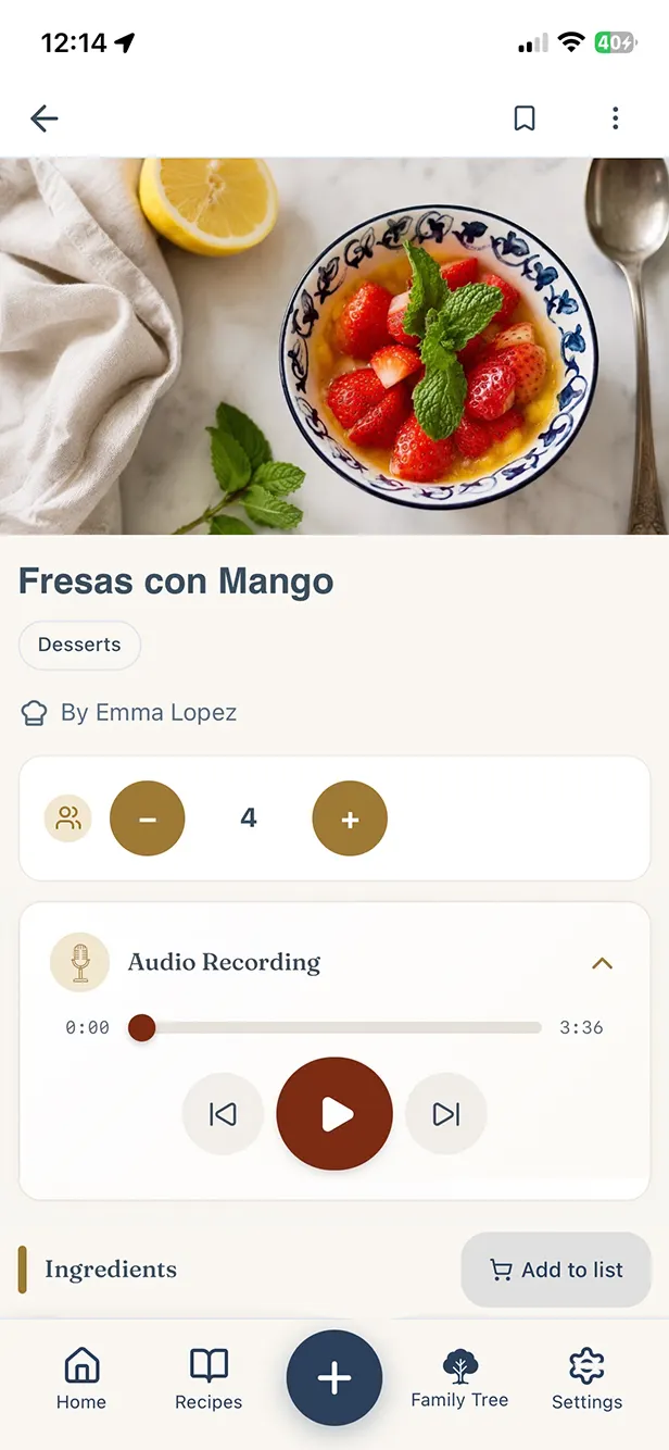 A recipe in ReciKey: Fresas con Mango, by Emma Lopez, with her audio recording above the ingredients