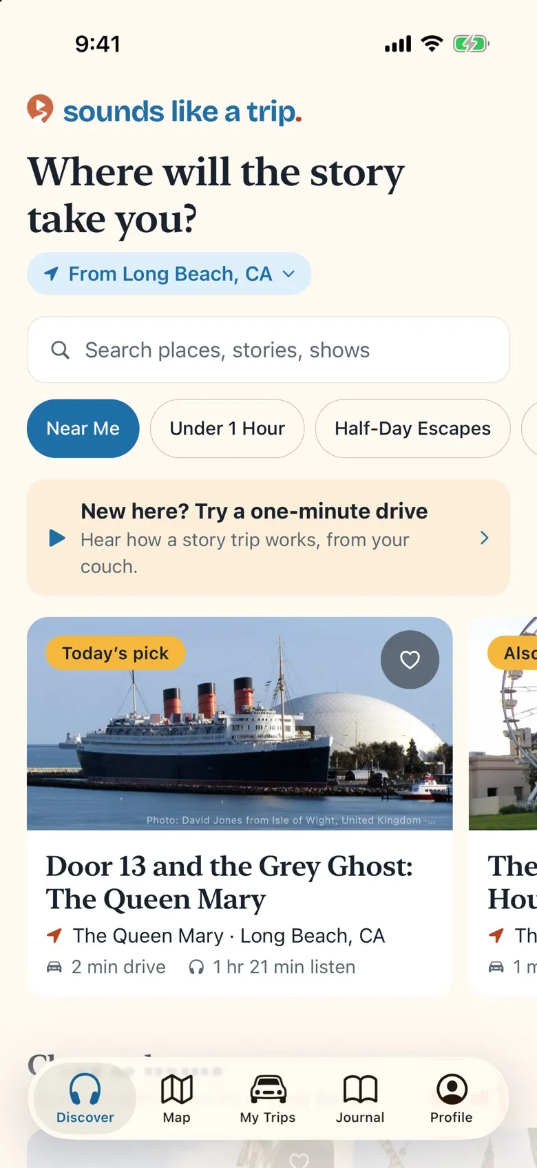 The Discover screen in Sounds Like A Trip, with today’s pick: the Queen Mary in Long Beach, a 2 minute drive away