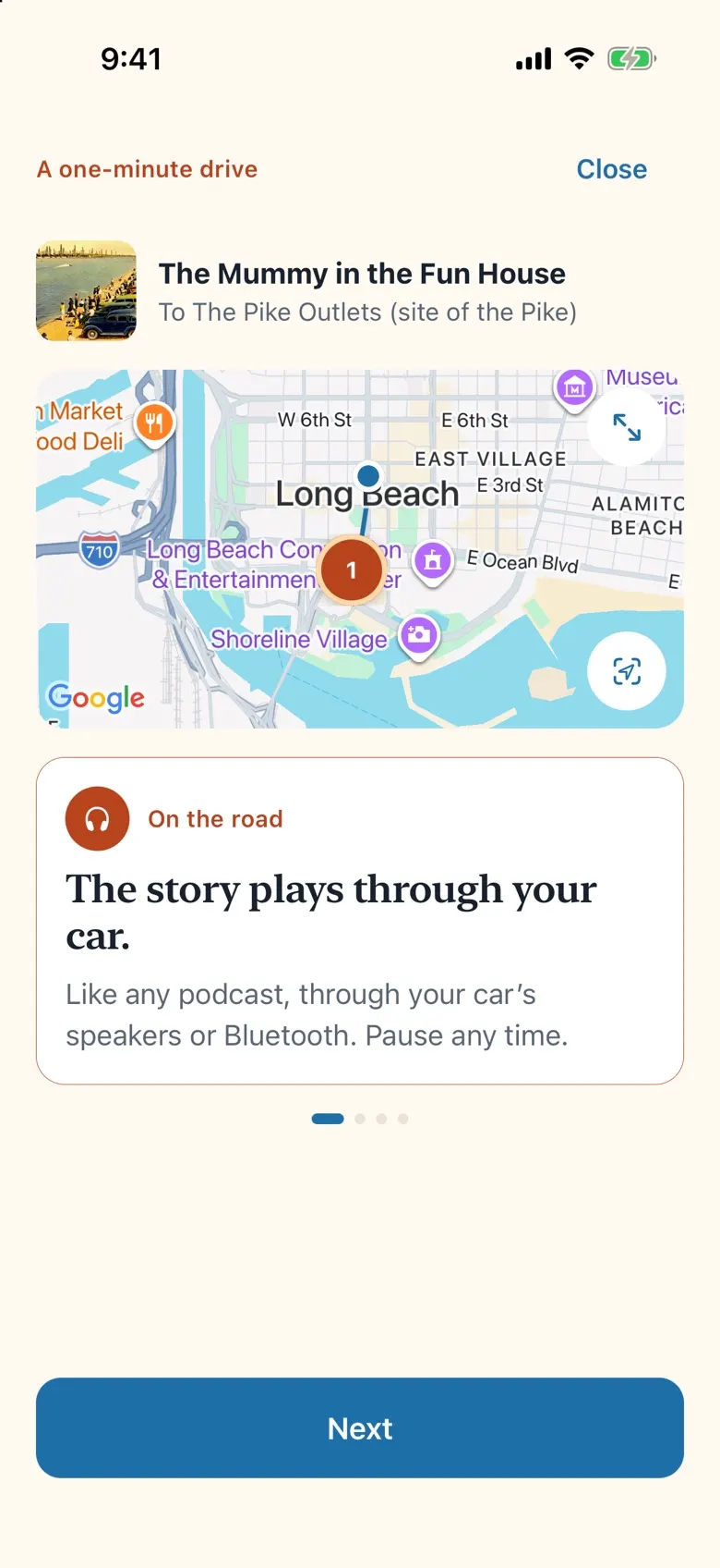 A one-minute drive in Long Beach: the map to the site of the Pike, and a card that says the story plays through your car
