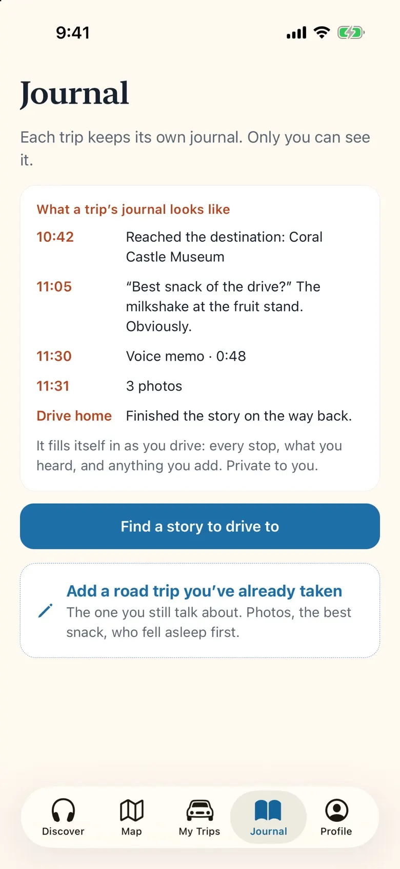The Journal screen: a sample day with the time the destination was reached, the best snack of the drive, a voice memo and three photos